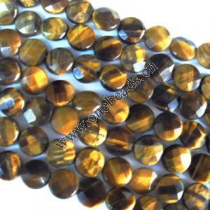  Gemstone Beads Strands, Tiger Eye Faceted Flat Round 10mm, Sold per 16-inch strand