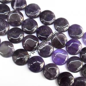 Bead,Amethyst(natural), Flat Round 16mm, Sold per 16-inch strand