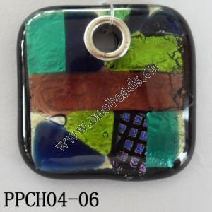 Lampwork Glass Pendant,Rectangular,33x34x7mm, Hole=5mm, Sold by PC