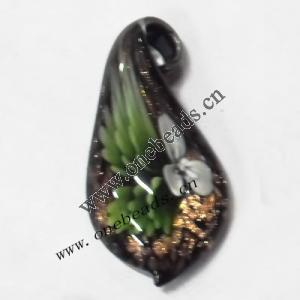Gold Sand Murano Lampwork Pendant, Leaf 27x56x10mm, Sold by PC