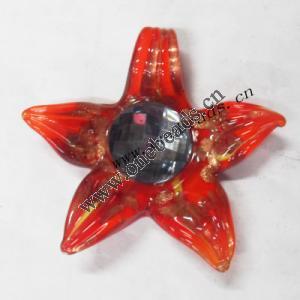 Gold Sand & Rhinestone Murano Lampwork Pendant, Star 57x59x14mm, Sold by PC