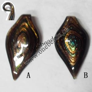 Gold Sand Murano Lampwork Pendant, Leaf 38x72x8mm, Sold by PC