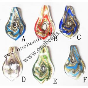 Gold Sand Murano Lampwork Pendant,Leaf 36x62x6mm, Sold by PC