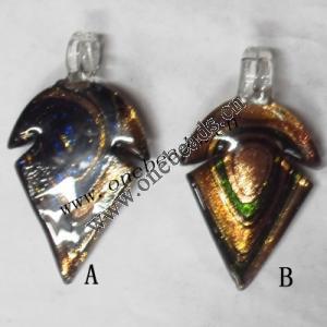 Gold Sand Murano Lampwork Pendant,Leaf 40x68x6mm, Sold by PC