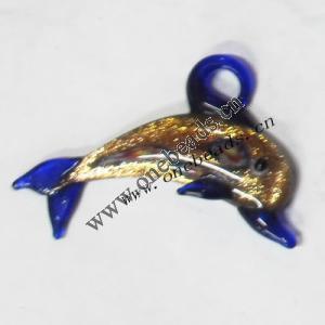  Gold Sand Murano Lampwork Pendant, Dolphin 77x36x14mm, Sold by PC