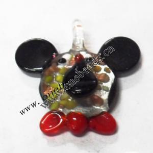 Silver Foil Murano Lampwork Pendant, Mickey Mouse Head 42x45x17mm, Sold by PC