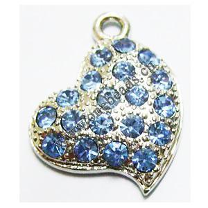 Pendant with Crystal, Nickel-Free & Lead-Free Zinc Alloy Jewelry Findings, Blue heart,20x23mm, Sold by PC 
