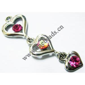 Pendant with Crystal, Nickel-Free & Lead-Free Zinc Alloy Jewelry Findings, Three heart 17x51mm, Sold by PC 