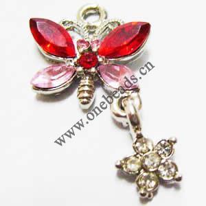 Pendant with Crystal, Nickel-Free & Lead-Free Zinc Alloy Jewelry Findings, Butterfly,16x28mm, Sold by PC 