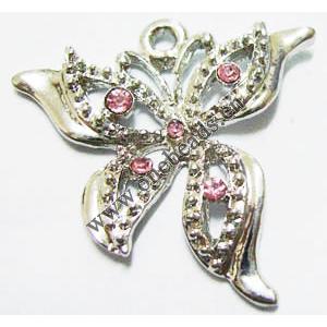 Pendant with Crystal, Nickel-Free & Lead-Free Zinc Alloy Jewelry Findings, Butterfly,24x27mm, Sold by PC 