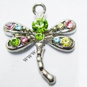 Pendant with Crystal, Nickel-Free & Lead-Free Zinc Alloy Jewelry Findings, Dragonfly,25x23mm, Sold by PC 