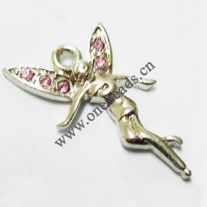 Pendant with Crystal, Nickel-Free & Lead-Free Zinc Alloy Jewelry Findings, Angel,14x23mm, Sold by PC 