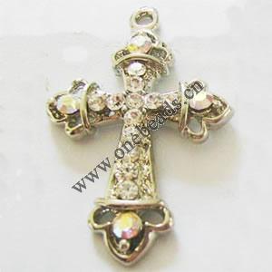 Pendant with Crystal, Nickel-Free & Lead-Free Zinc Alloy Jewelry Findings, Cross,25x36mm, Sold by PC 