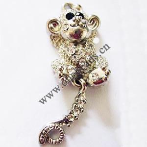 Pendant with Crystal, Nickel-Free & Lead-Free Zinc Alloy Jewelry Findings, Mouse,16x44mm, Sold by PC 