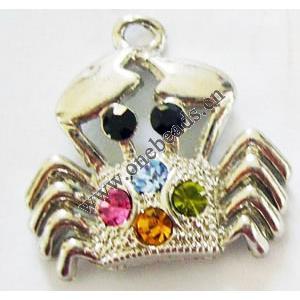 Pendant with Crystal, Nickel-Free & Lead-Free Zinc Alloy Jewelry Findings, Crab,17x18mm, Sold by PC 