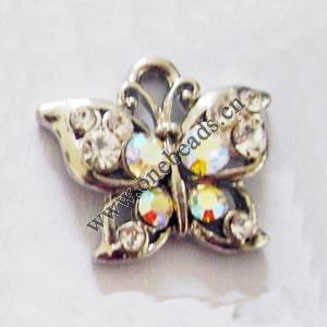 Pendant with Crystal, Nickel-Free & Lead-Free Zinc Alloy Jewelry Findings, Butterfly,15x20mm, Sold by PC 