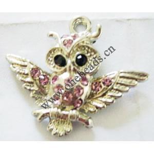 Pendant with Crystal, Nickel-Free & Lead-Free Zinc Alloy Jewelry Findings, Owl,25x30mm, Sold by PC 