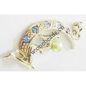 Pendant with Crystal, Nickel-Free & Lead-Free Zinc Alloy Jewelry Findings, Crescent,22x47mm, Sold by PC 