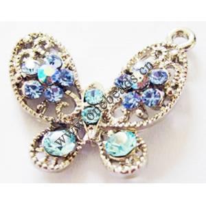 Pendant with Crystal, Nickel-Free & Lead-Free Zinc Alloy Jewelry Findings, Butterfly,25mm, Sold by PC 