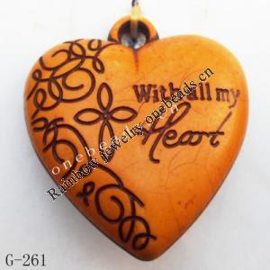 Imitate Wood Acrylic Pendant, Heart 25x29x10mm Hole:2.5mm, Sold by Bag