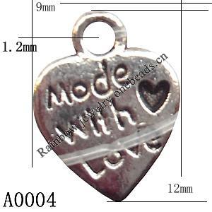 Pendant Lead-Free Zinc Alloy Jewelry Findings, Heart 9x12mm hole=1.2mm, Sold per pkg of 1500