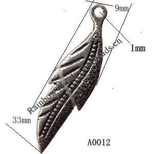 Pendant Lead-Free Zinc Alloy Jewelry Findings, Leaf 33x9mm hole=1mm, Sold per pkg of 500