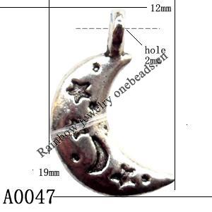 Pendant Lead-Free Zinc Alloy Jewelry Findings, Moon 12x19mm hole=2mm, Sold per pkg of 600