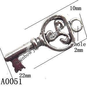 Pendant Lead-Free Zinc Alloy Jewelry Findings, Key 22x10mm hole=2mm, Sold per pkg of 600