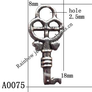 Pendant Lead-Free Zinc Alloy Jewelry Findings, Key 18x8mm hole=2.5mm, Sold per pkg of 1000