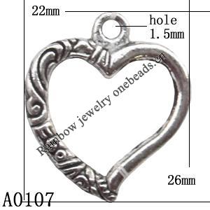 Pendant Lead-Free Zinc Alloy Jewelry Findings, Heart 22x26mm hole=1.5mm, Sold per pkg of 250