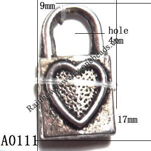 Pendant Lead-Free Zinc Alloy Jewelry FindingsLock, 9.4x17mm hole=4mm, Sold per pkg of 500