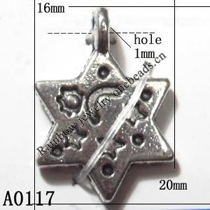 Pendant Lead-Free Zinc Alloy Jewelry Findings, Hexagonal 16x20mm hole=1mm, Sold per pkg of 500
