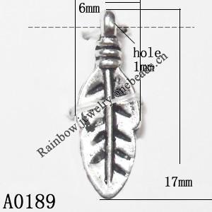 Pendant Lead-Free Zinc Alloy Jewelry Findings, Leaf 6x17mm hole=1mm, Sold per pkg of 2000