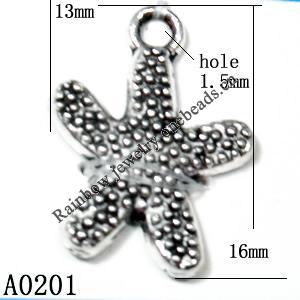 Pendant Lead-Free Zinc Alloy Jewelry Findings, Star 13x16mm hole=1.5mm, Sold per pkg of 800