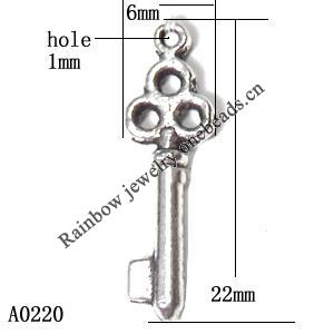 Pendant Lead-Free Zinc Alloy Jewelry Findings, Key 22x6mm hole=2mm, Sold per pkg of 1000