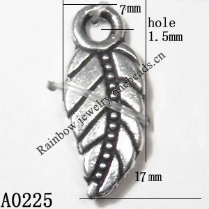Pendant Lead-Free Zinc Alloy Jewelry Findings, Leaf 7x17mm hole=2mm,Sold per pkg of 1000
