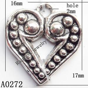 Pendant Lead-Free Zinc Alloy Jewelry Findings, Heart 16x17mm hole=2mm, Sold per pkg of 400