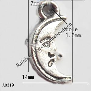 Pendant Lead-Free Zinc Alloy Jewelry Findings, Moon 14x7mm hole=1.5mm, Sold per pkg of 1500