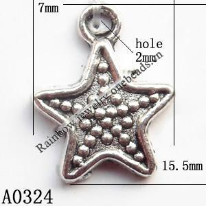 Pendant Lead-Free Zinc Alloy Jewelry Findings, Star 7x15.5mm hole=2mm, Sold per pkg of 800