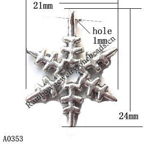 Pendant Lead-Free Zinc Alloy Jewelry Findings, Snowflake 21x24mm hole=1mm, Sold per pkg of 300