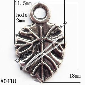 Pendant Lead-Free Zinc Alloy Jewelry Findings, Leaf 11.5x18mm hole=2mm, Sold per pkg of 1000