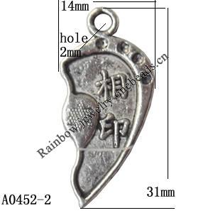 Pendant Lead-Free Zinc Alloy Jewelry Findings, 14x31mm hole=2mm, Sold per pkg of 500