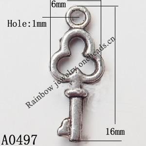 Pendant Lead-Free Zinc Alloy Jewelry Findings, Key 6x16mm hole=1mm, Sold per pkg of 2000