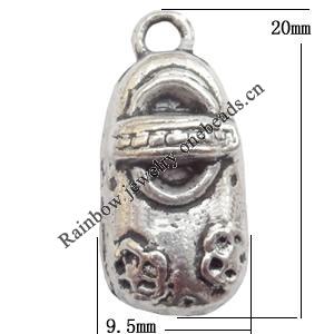 Pendant Lead-Free Zinc Alloy Jewelry Findings, Shoes 9.5x20mm hole=1mm Sold per pkg of 300