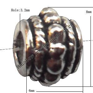 European Style Beads Zinc Alloy Jewelry Findings, Lead-free Cylinder 6x8mm hole=3.2mm Sold per pkg of 700