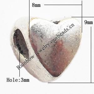 European Style Beads Zinc Alloy Jewelry Findings Lead-free, Heart 8x9mm hole=3mm, Sold per pkg of 600