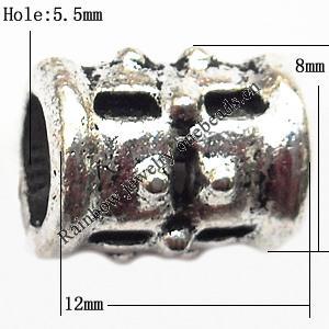 European Style Beads Zinc Alloy Jewelry Findings Lead-free, Tube 12x8mm hole=5.5mm, Sold per pkg of 300