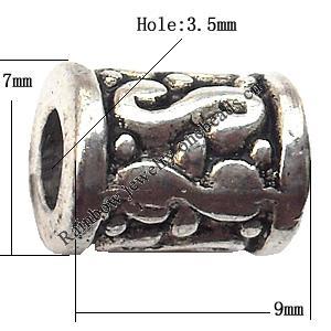 European Style Beads Zinc Alloy Jewelry Findings Lead-free, Tube 9x7mm hole=3.5mm, Sold per pkg of 500