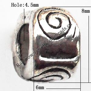 European Beads Zinc Alloy Jewelry Findings Lead-free, Tube 6x8mm hole=4.5mm, Sold per pkg of 600