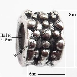 European Beads Zinc Alloy Jewelry Findings Lead-free, Tube 6x8mm hole=4.5mm, Sold per pkg of 600